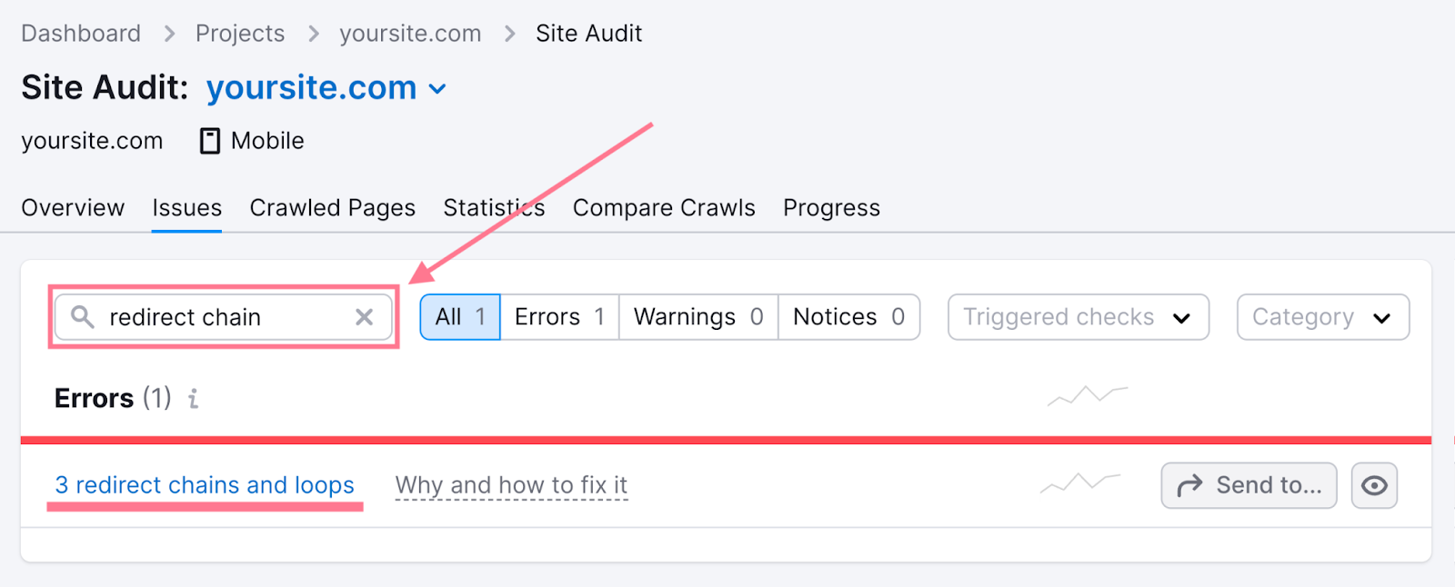 Redirect chain and loop error highlighted in the 