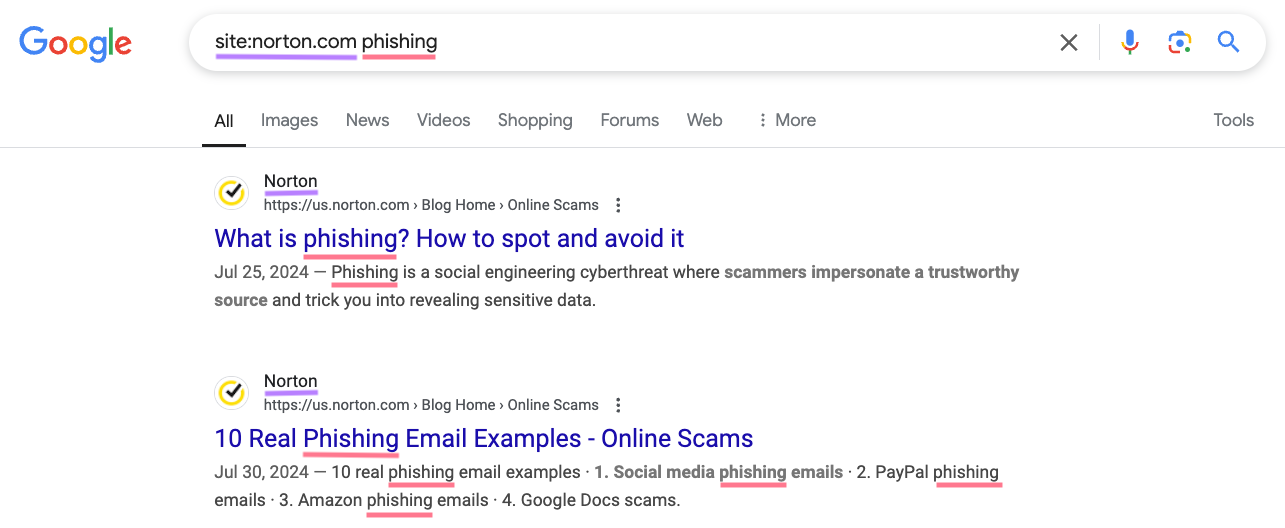 A search for the term 