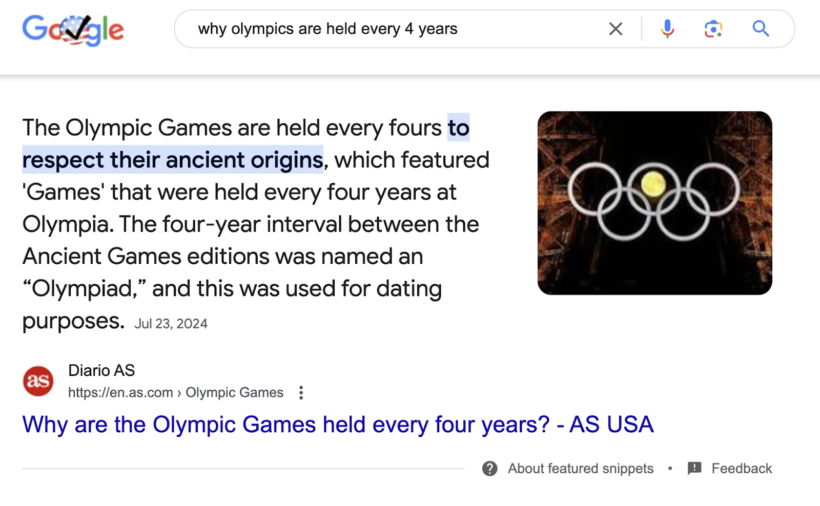 the featured snippet serp feature appears for the search