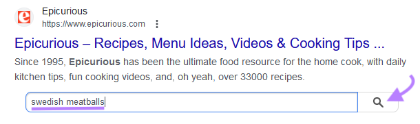 网站链接 search box for Epicurious.com, showing “swedish meatballs” entered in the search bar.