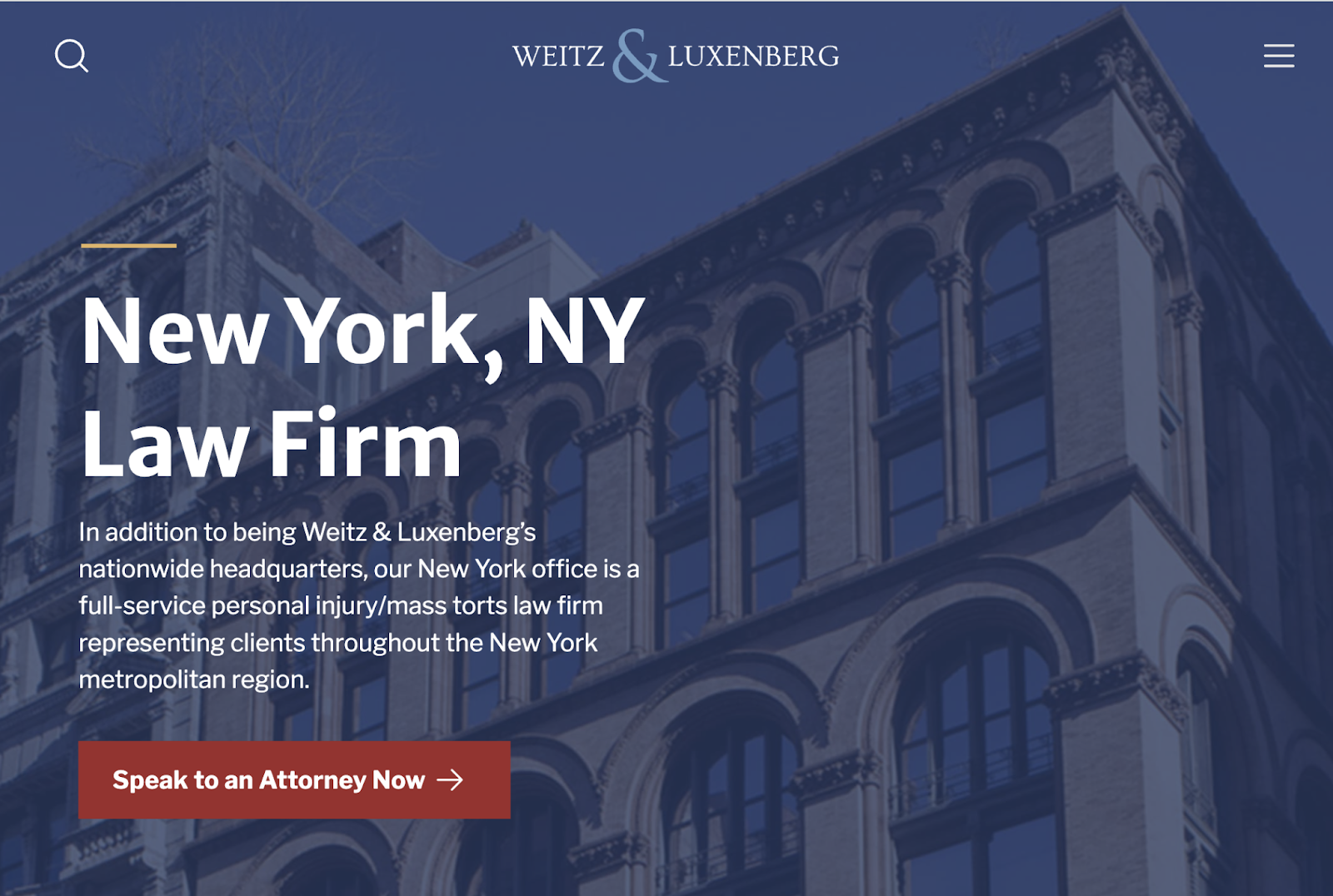 The location page hero says New York, NY law firm with the CTA 