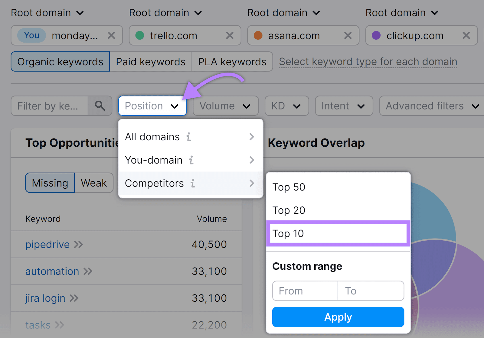 职位 filter expanded, 竞争对手 selected, and Top 10 option highlighted.