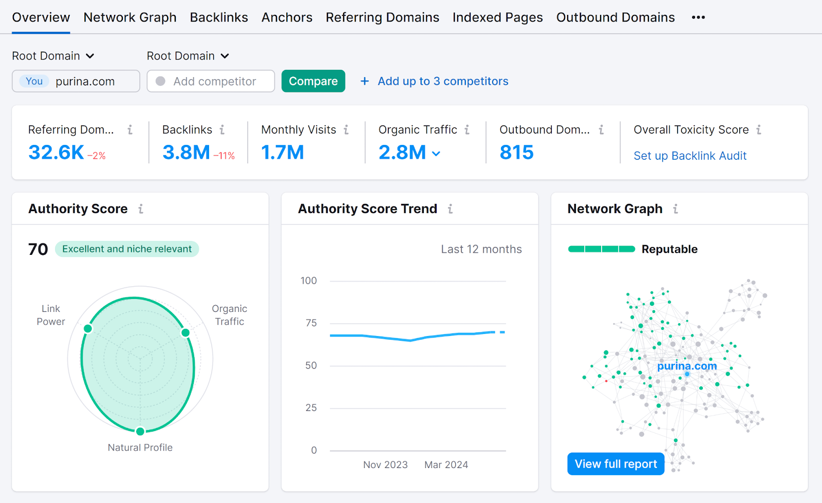 反向链接 Analytics Overview report showing backlink data和related metrics