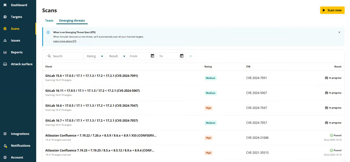 Emerging threat scans on 入侵者 showing a list of checks performed along with a rating and result.