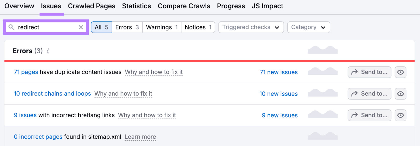 Search for redirect in 现场审核 Issues shows errors like 重复内容, redirect chains and loops, and more. You can also send each error as a task to a task management tool.