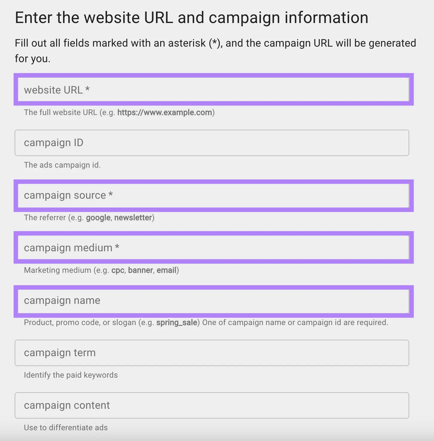 page to enter website URL and campaign information like source, medium, name, term etc. on Google's 活动URL生成器