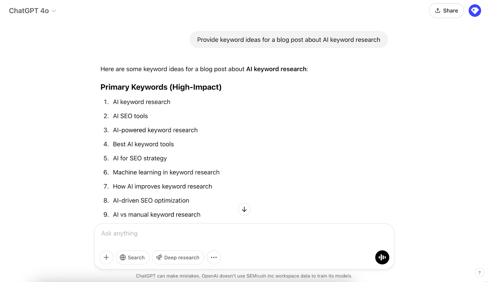 N.聊天,聊天 interface showing a prompt asking for keyword ideas for a blog post & a list of keywords generated by the tool.