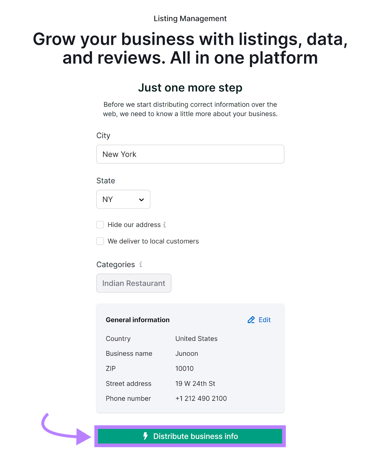 上市管理 business information edit step with 分发业务信息 button highlighted