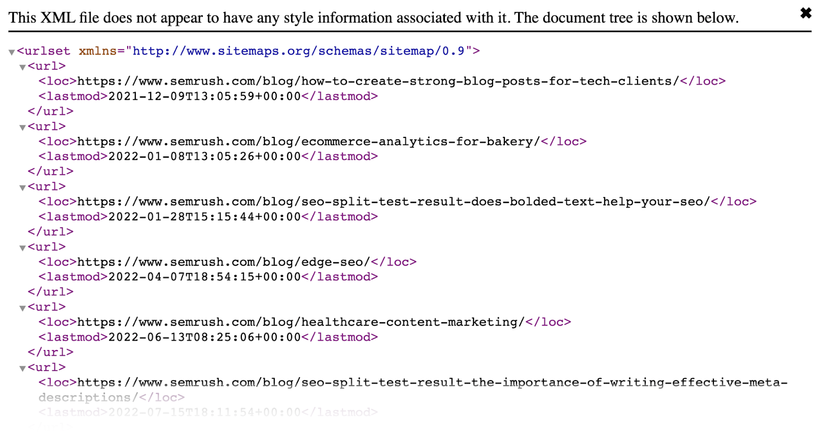 XML站点地图 file of the Semrush Blog