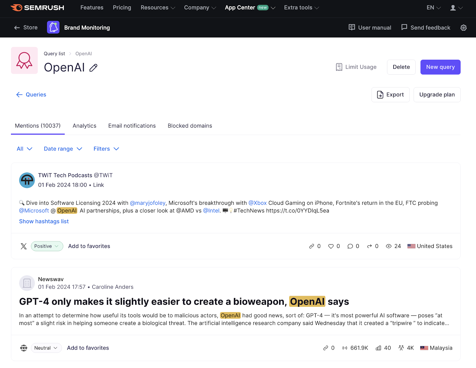 OpenAI's brand mentions in the 品牌监控 app