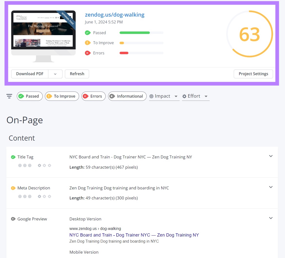 An individual page score out of 100 on 沃兰克 along with suggestions for improvement.