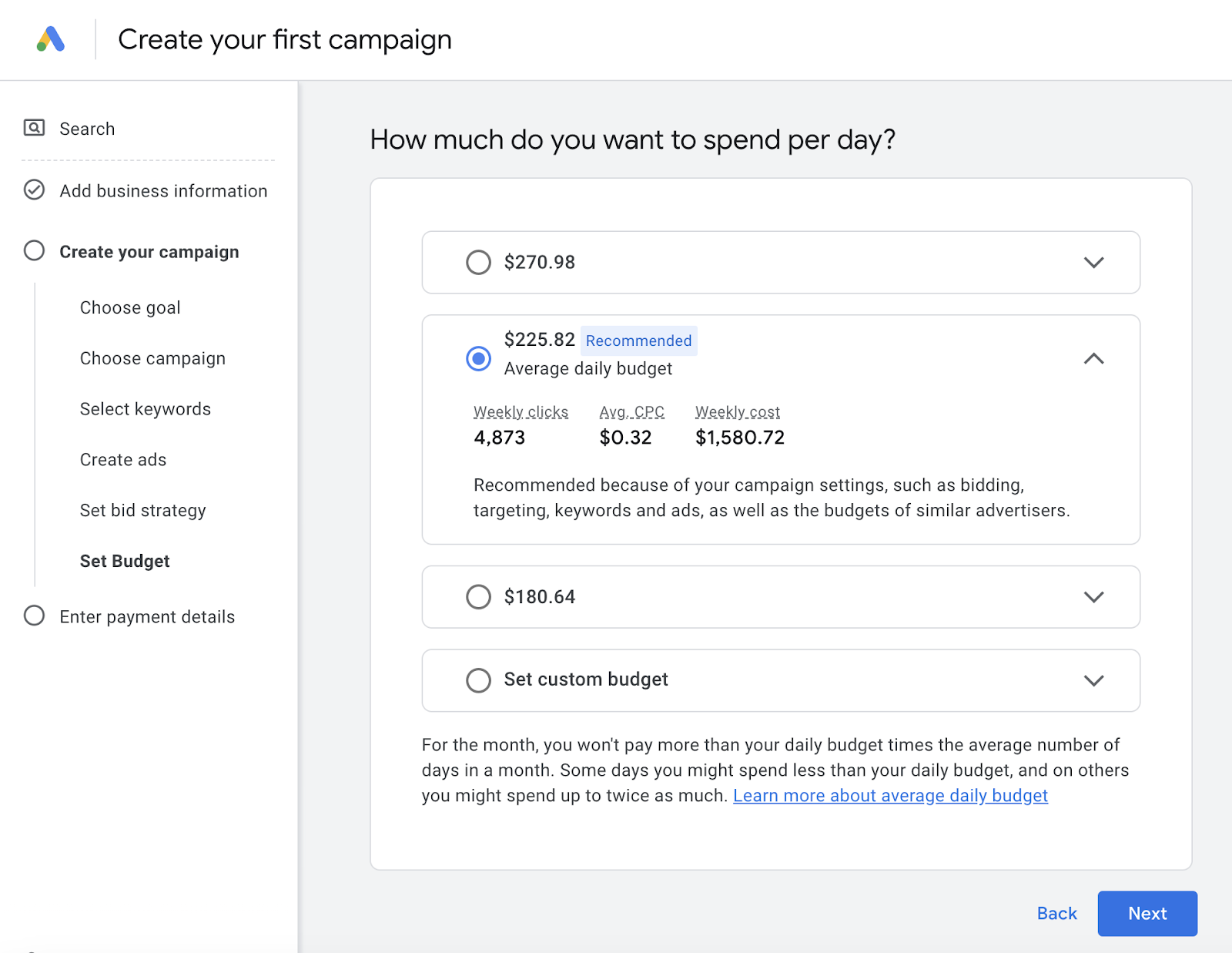 how much do you want to spend per day page shows amounts和recommended average daily budget