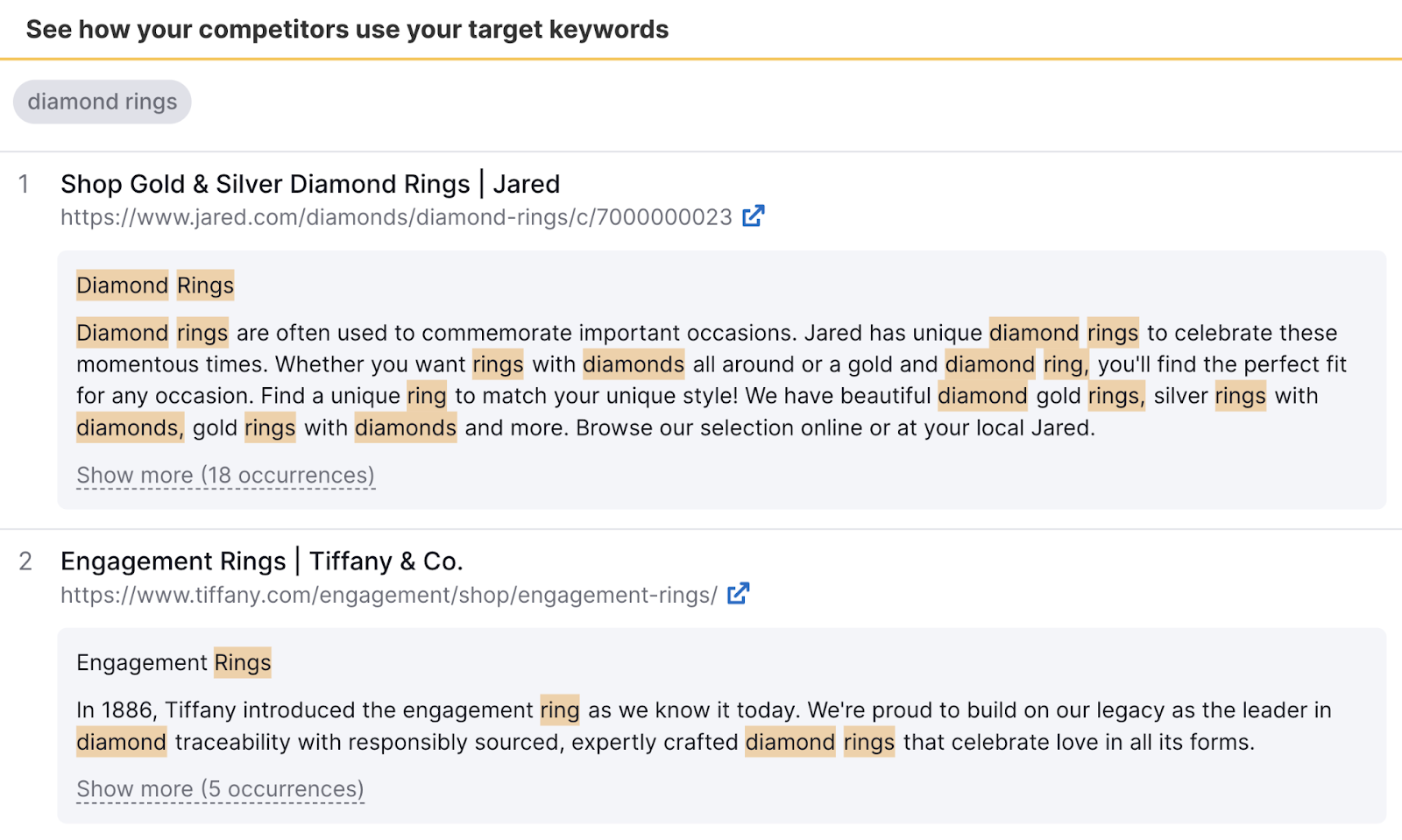 'See how your competitors use your target keywords' list in Semrush SEO内容模板