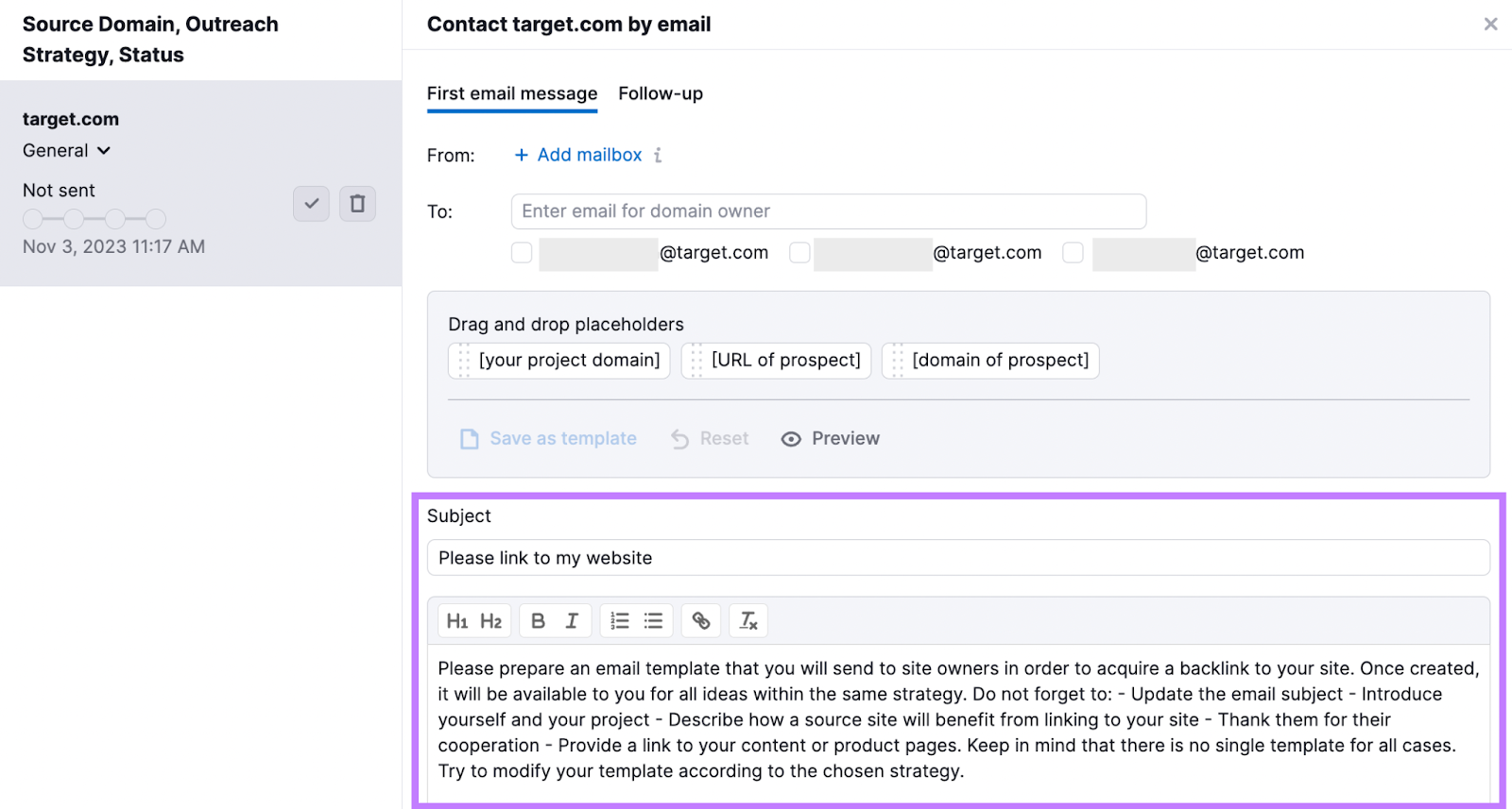 An email draft example in 链接构建工具