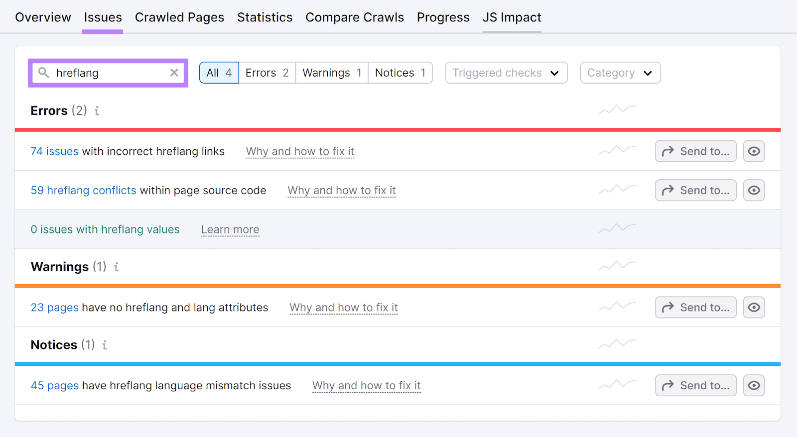 Semrush 现场审核 问题 tab selected and 'hreflang' entered in search box to show hreflang-related issues
