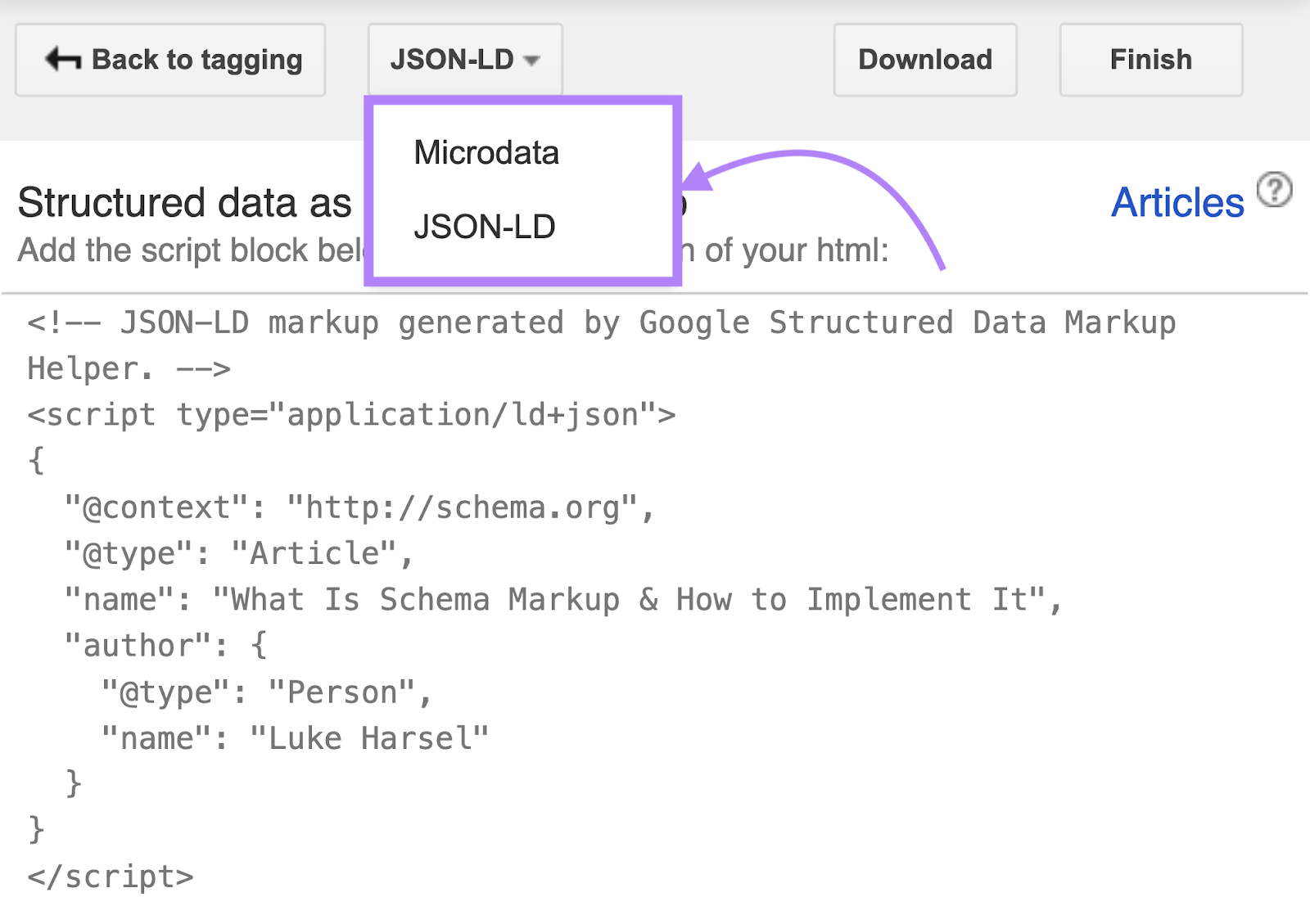 Microdata和JSON-LD options are highlighted in the drop down menu.