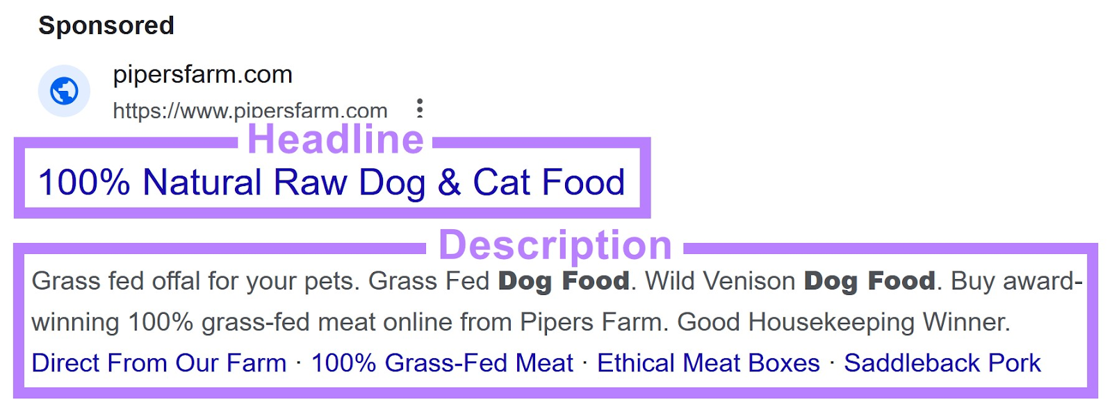 an example of a search ad with headline和description sections highlighted