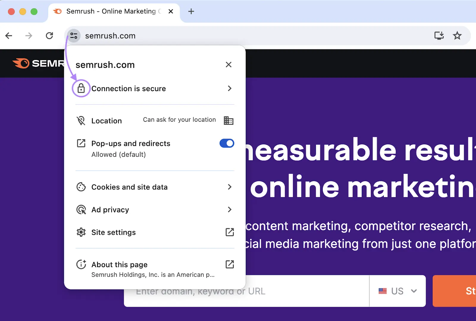 The toggle button next to a URL in the search bar shows a drop down with a padlock that says