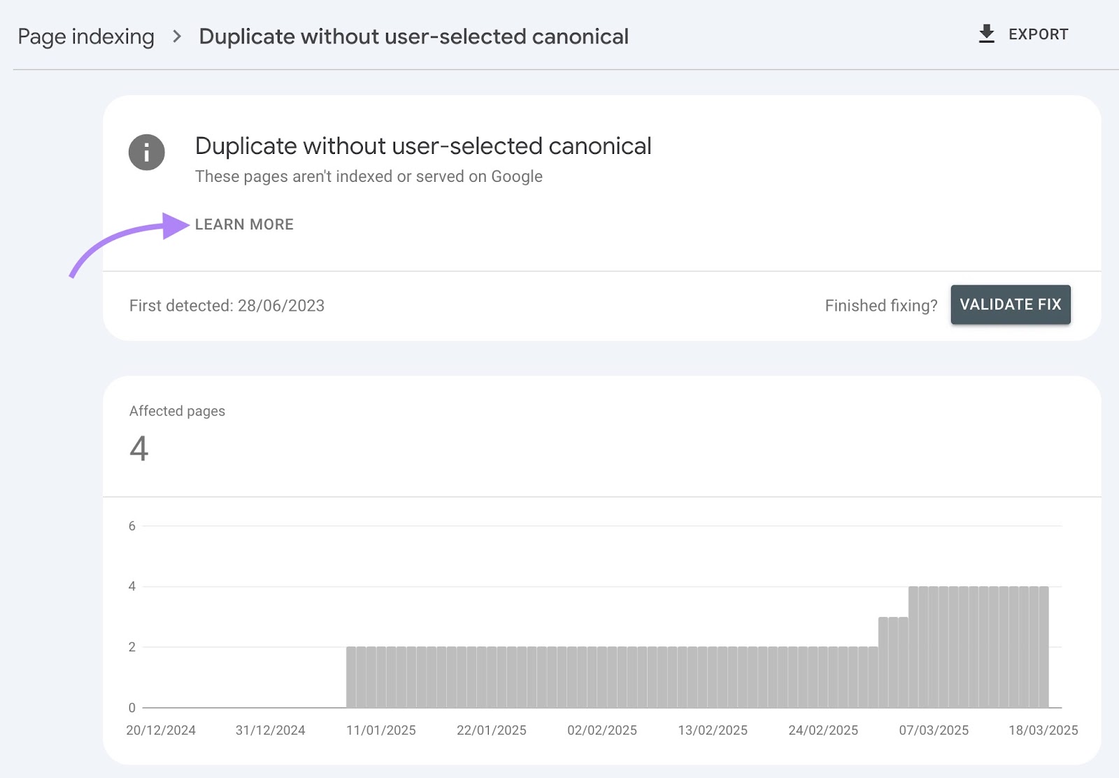 A list of URLs not indexed due to duplication on Google 搜索 Console with the 