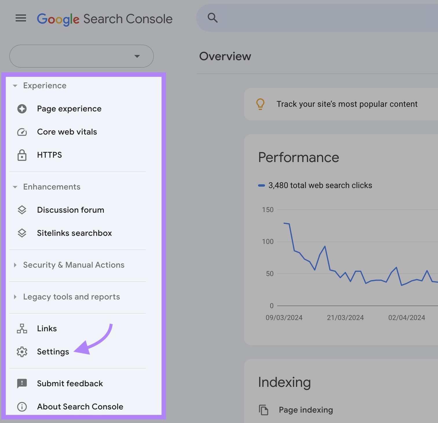 Left-h和 side navigation bar on Google Search Console with 