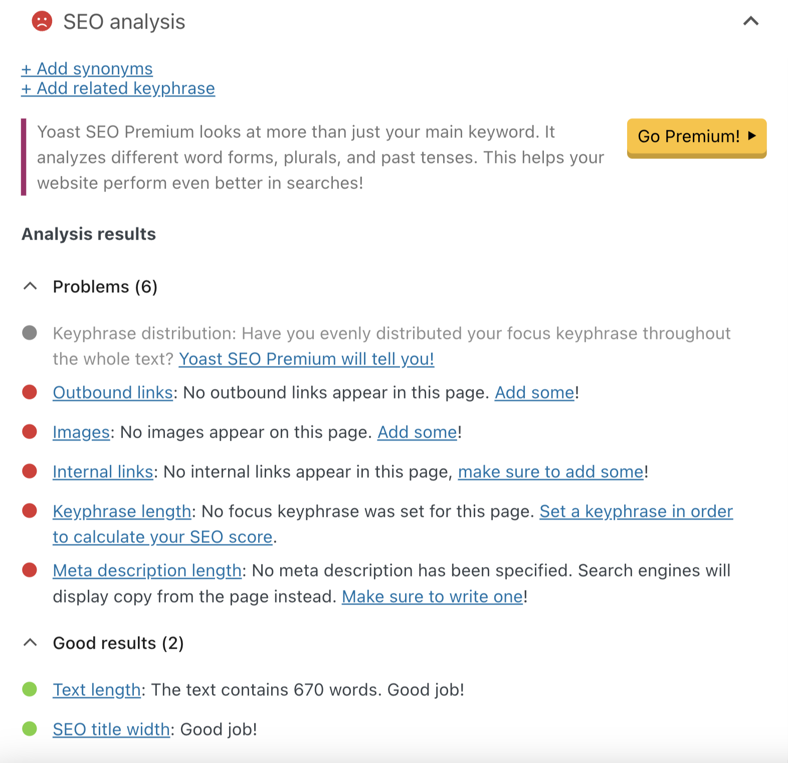 This WordPress的 blogging tool lists SEO problems to fix within your blog post.