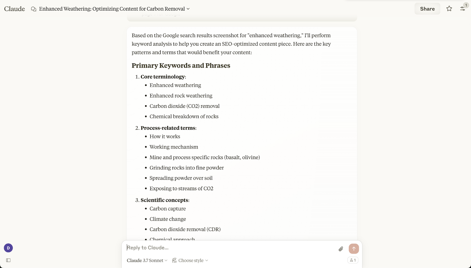 克劳德 interface showing a list of core terminology, questions people are asking, and content structure recommendations for a keyword.