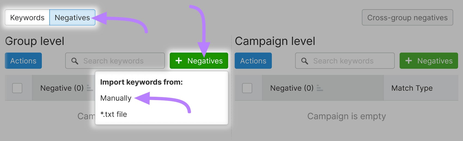 '手动操作' highlighted from '+底片' drop-down in Semrush PPC的关键字工具