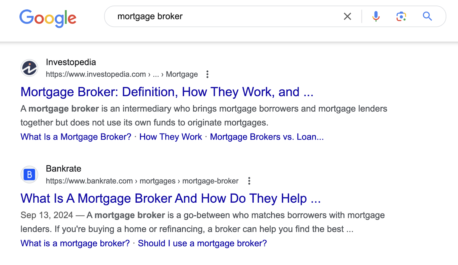 search engine results page for