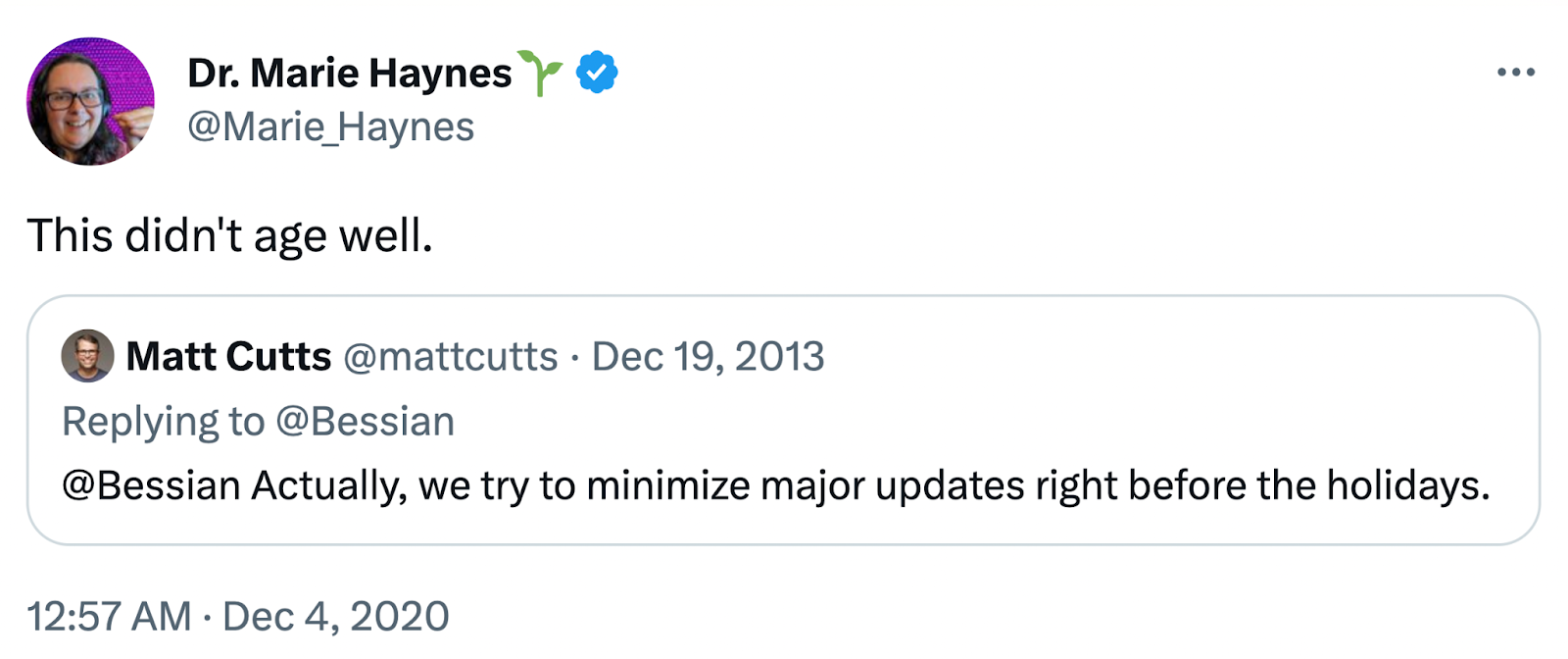 Tweet from Dr. Marie Haynes says