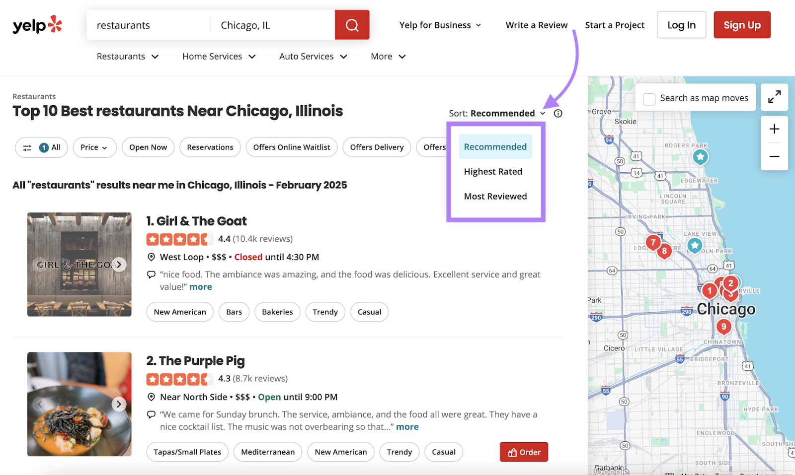 Sorting options include recommended, highest rated, and most reviewed. The top reviews for a local search have high average ratings and thousands of评论。