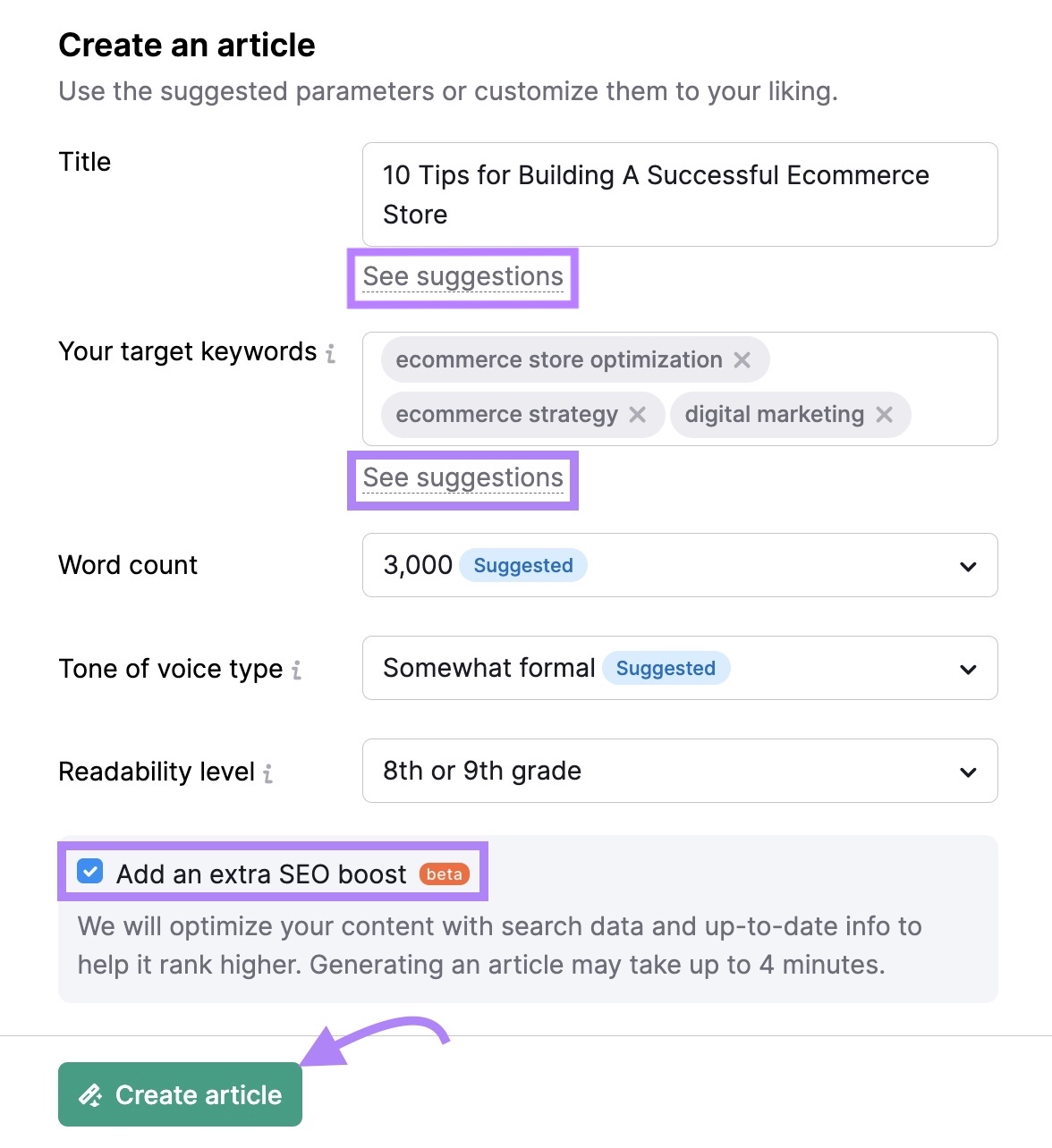 Article settings on Ai内容 with options to customize the title, keywords, word count, tone, readability level, etc.