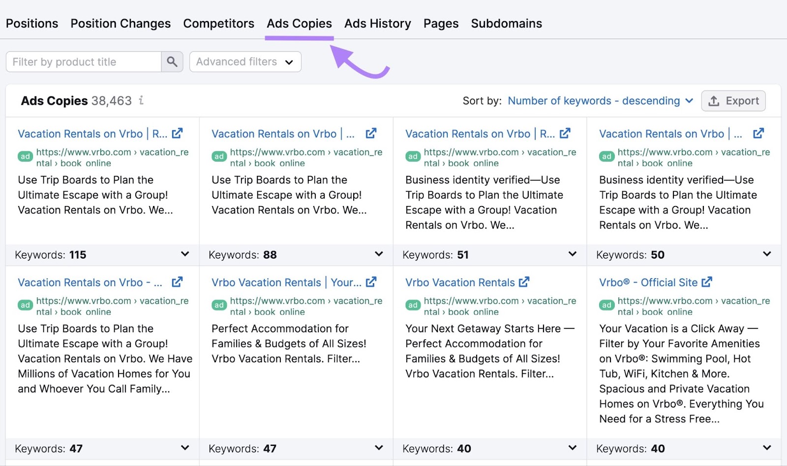 '广告副本' tab for vrbo.com showing ad copy and landing pages for the domain in Semrush 广告研究 tool