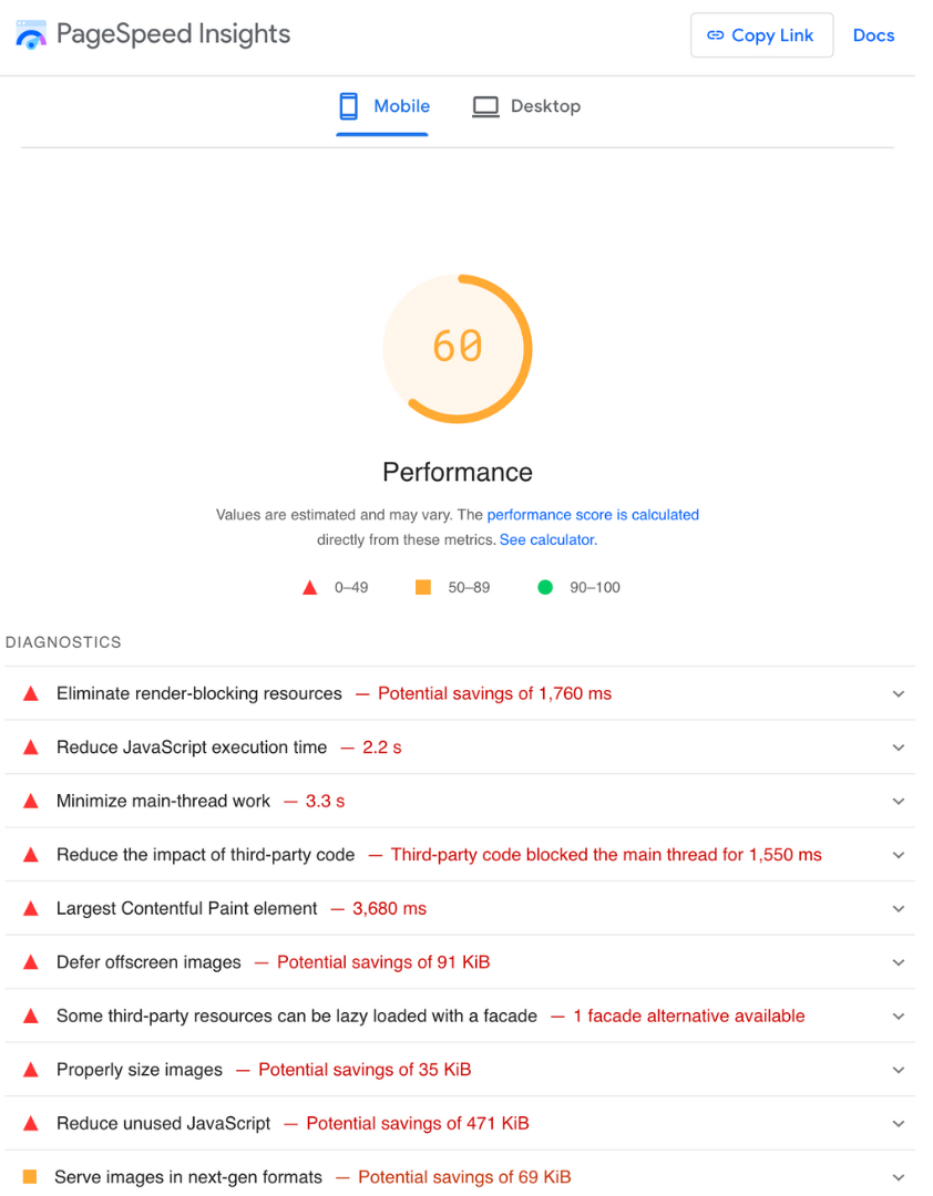该analyzed page has a performance score of 60 as well as critical issues to improve.