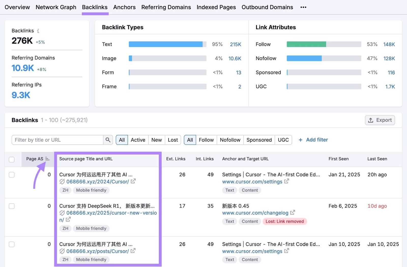 反向链接 sorted by authority score on 反向链接分析 showing the lowest quality links at the top.