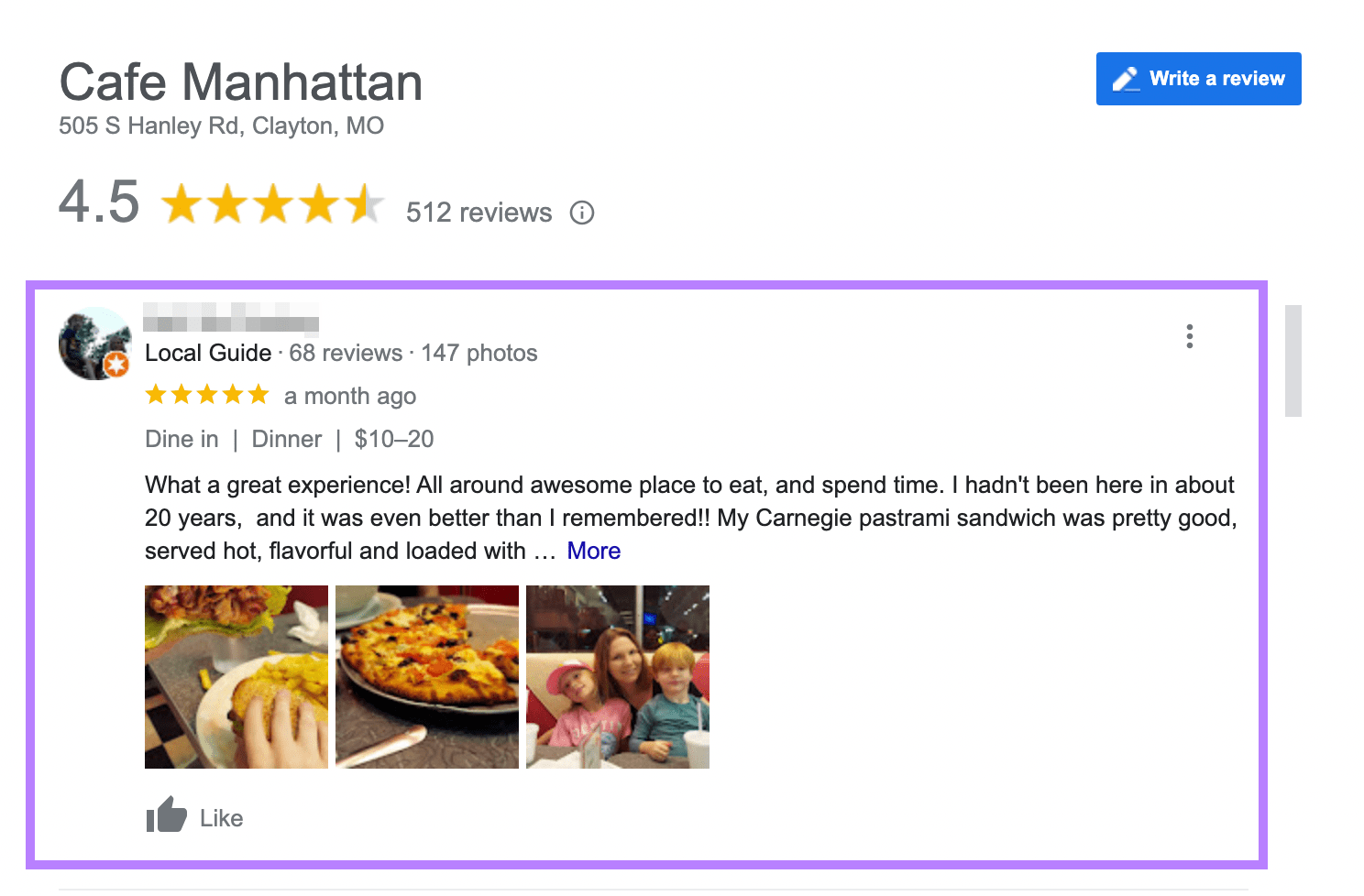 A review on Google for 