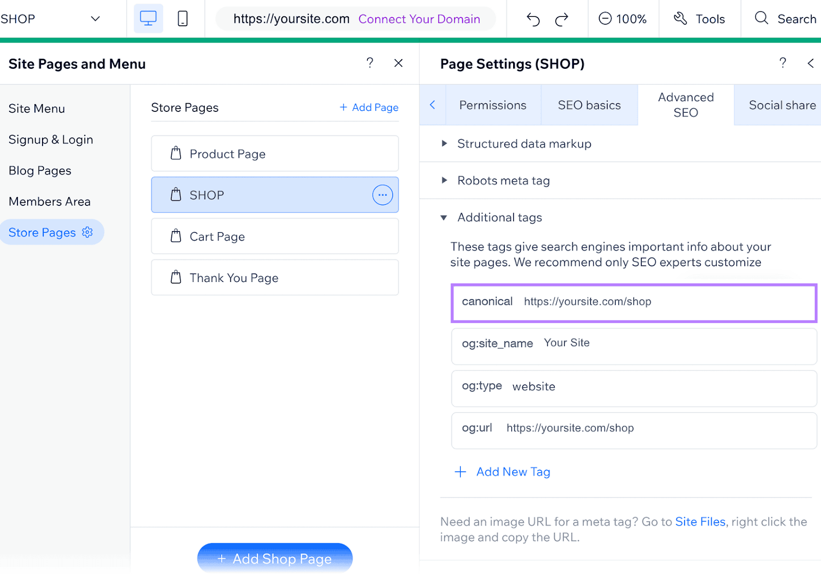 规范,规范 tags in the 威克斯 website editor for the shop page