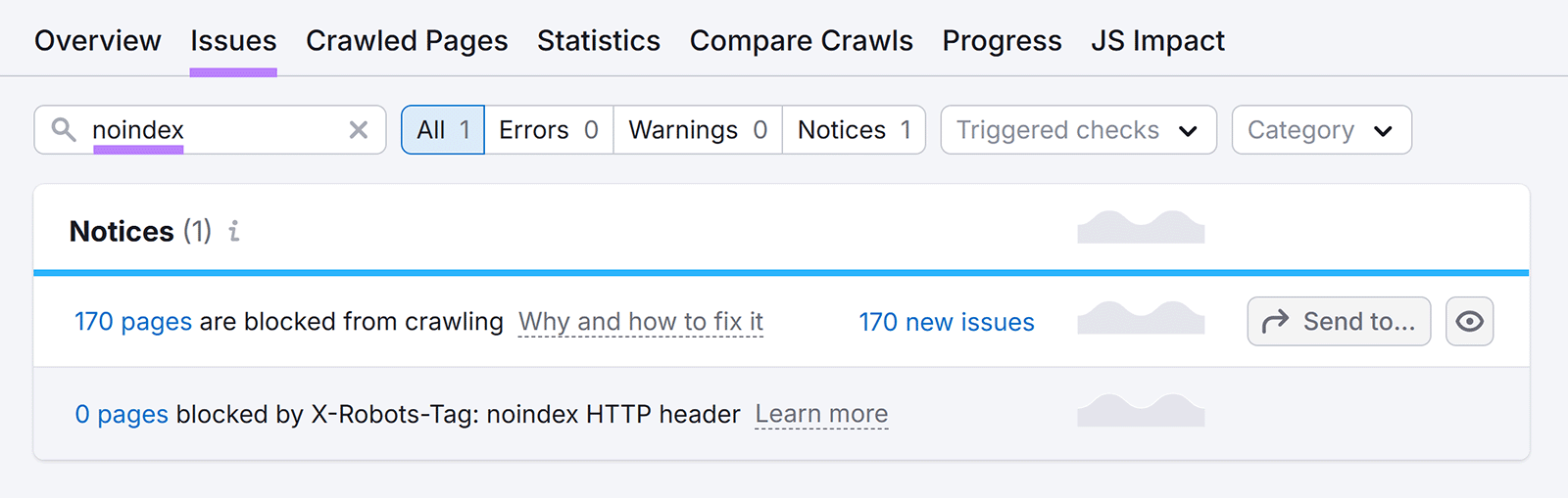 问题 tab, with “问题” highlighted, “noindex” typed and highlighted, and the list of issues visible