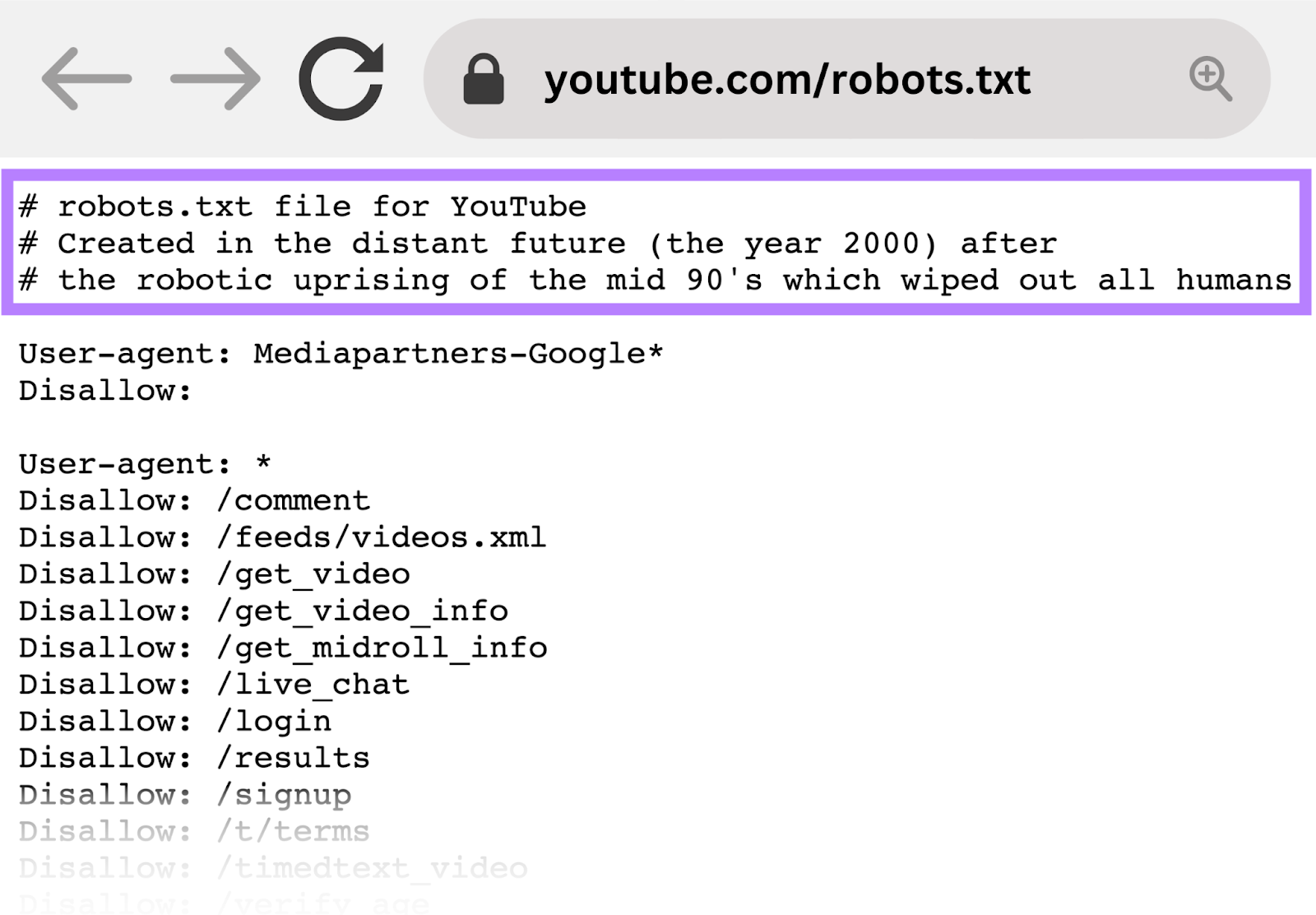 YouTube的's robots.txt file example