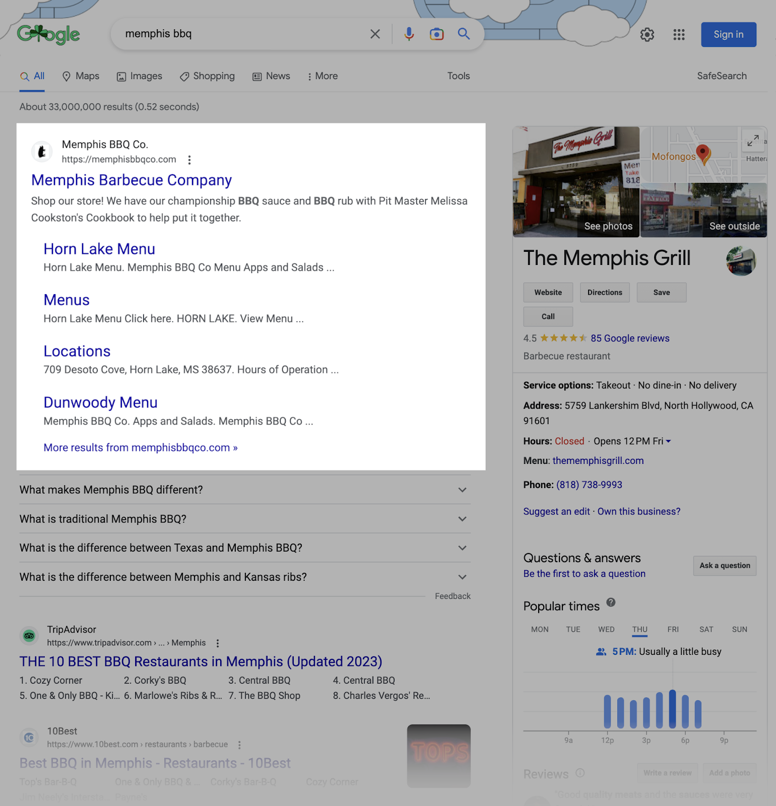 Memphis Barbecue Company’s website in 谷歌 SERP