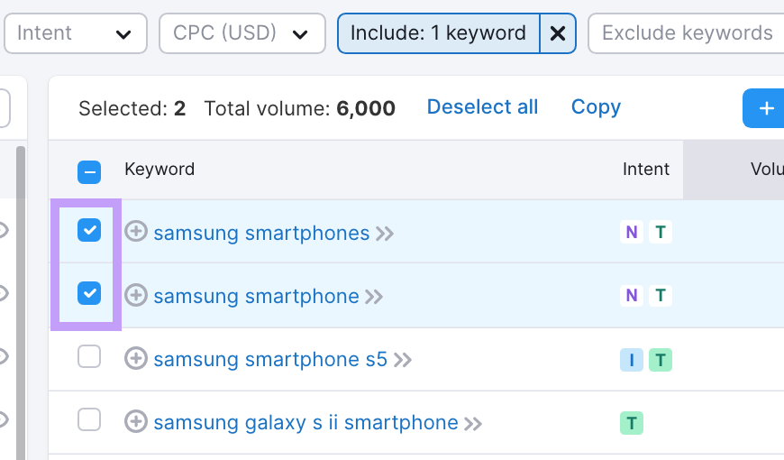 Keyword magic tool keyword list overview with the checkboxes to select specific 关键词 highlighted.