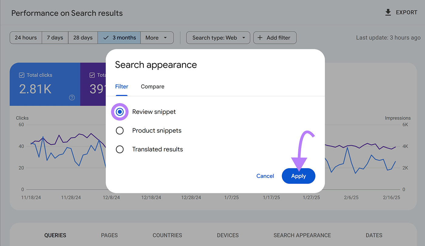搜索外观 filter popup with 回顾片段 radio button selected and highlighted and arrow pointing to 申请 button