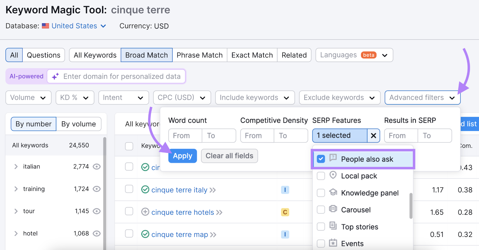 Click Advanced filters, choose the SERP功能 drop-down, select People Also Ask, then apply the filter