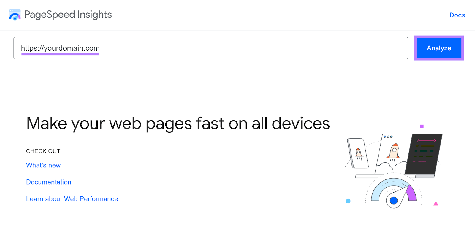 PageSpeed Insights tool start with domain entered and 分析,分析 button highlighted.