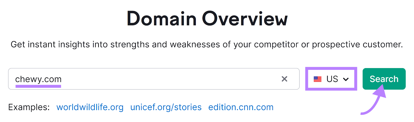塞姆鲁什 域名概述 tool start with domain entered, location set to US,和arrow to 搜索 button