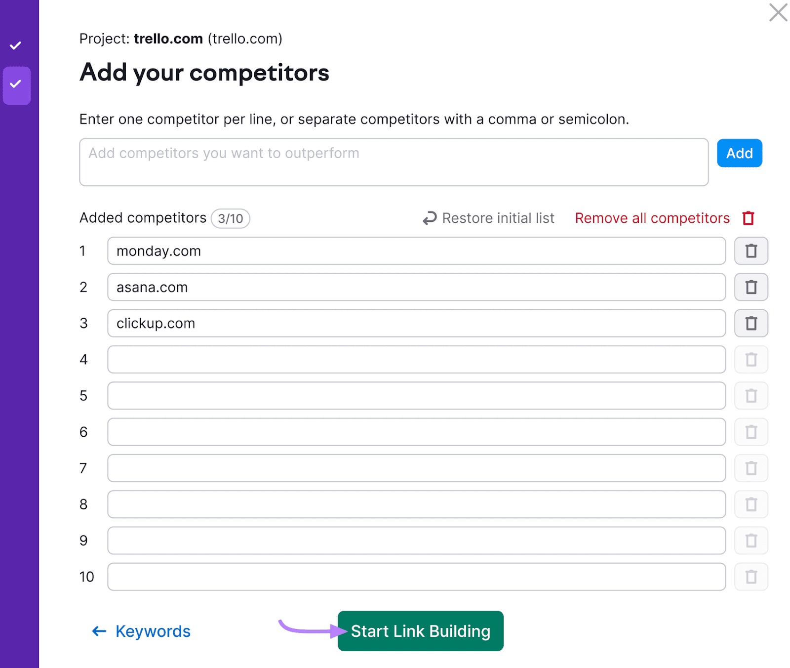 链接构建工具 UI for adding competitors to a project, showing input fields and a 