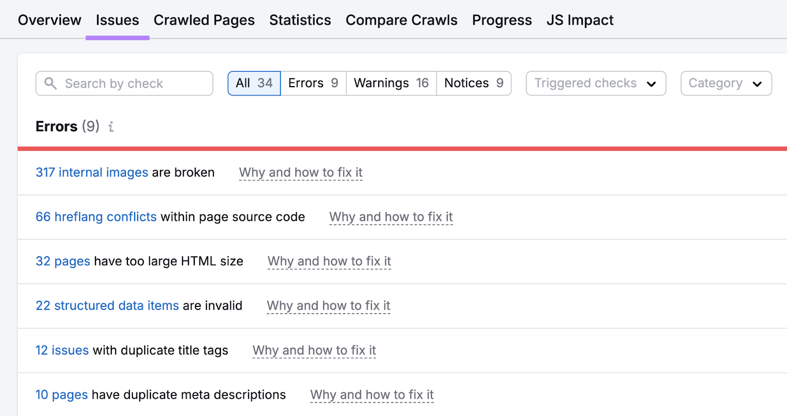 现场审核 issues report shows errors like broken internal images, duplicate title tags, and more