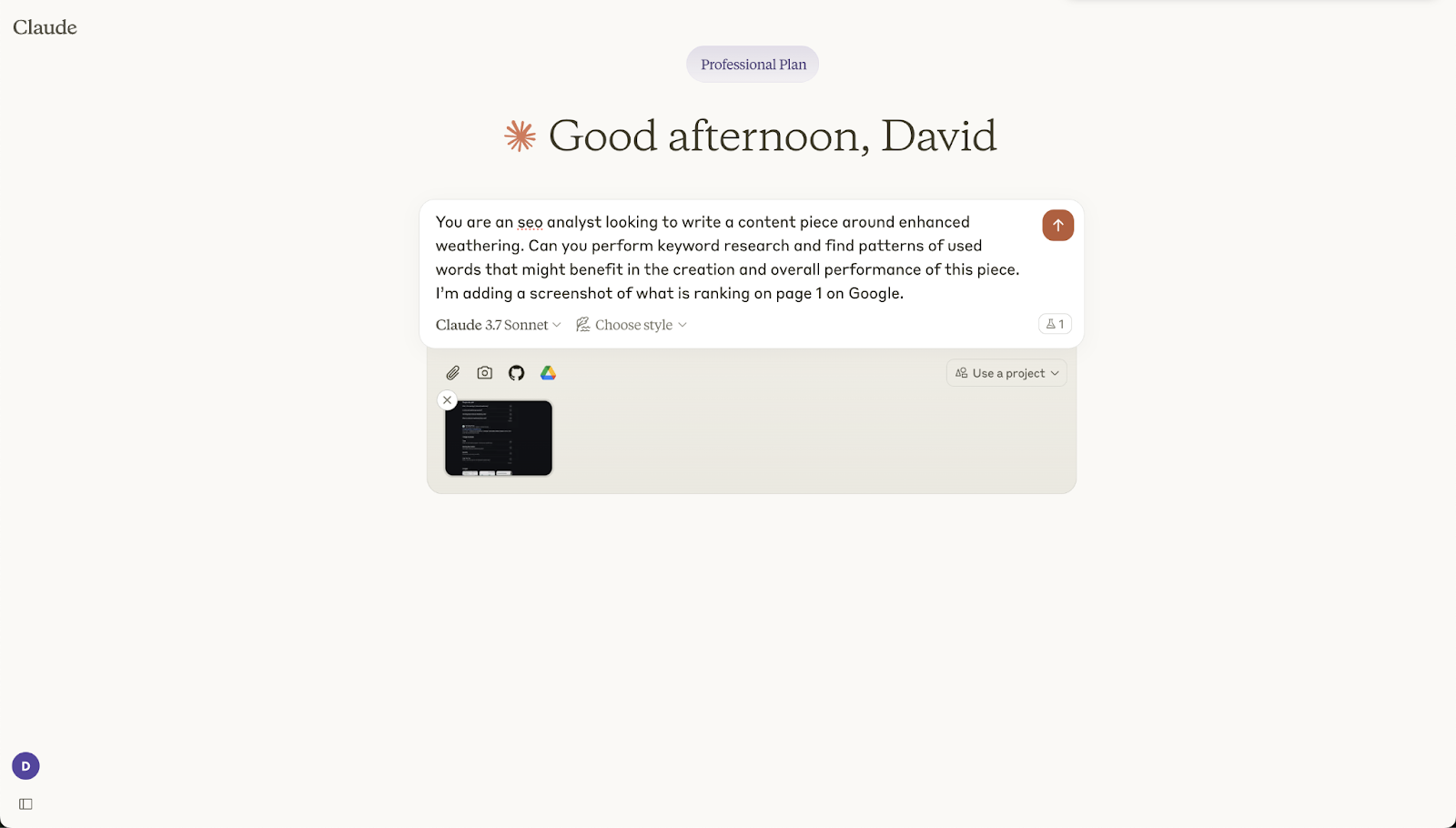 克劳德 interface showing a prompt to generate keyword ideas for an article along with a screenshot of the SERP for the keyword.