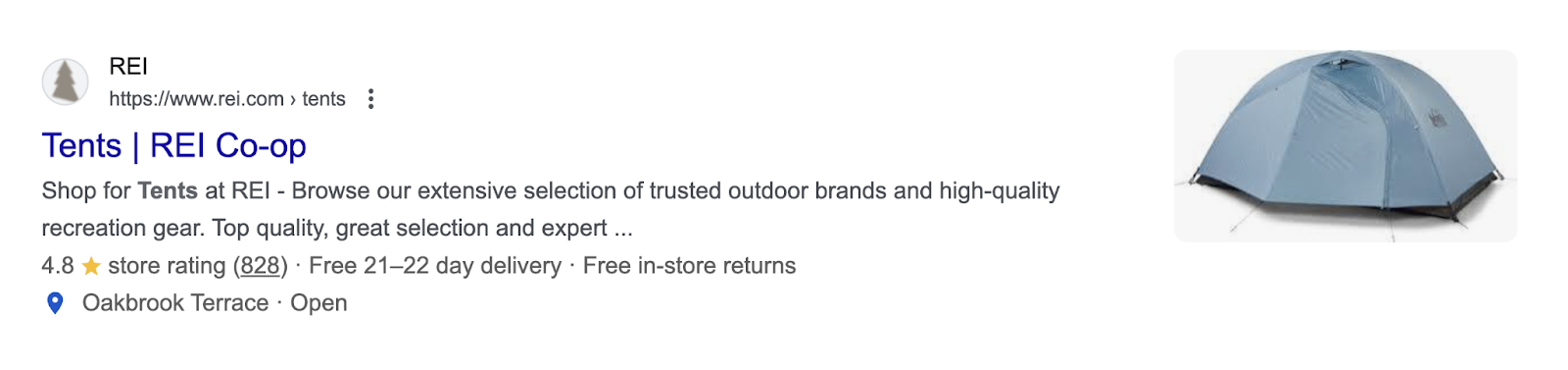 REI's tents page has local location info, an image, star rating,而info on delivery和returns on the SERP