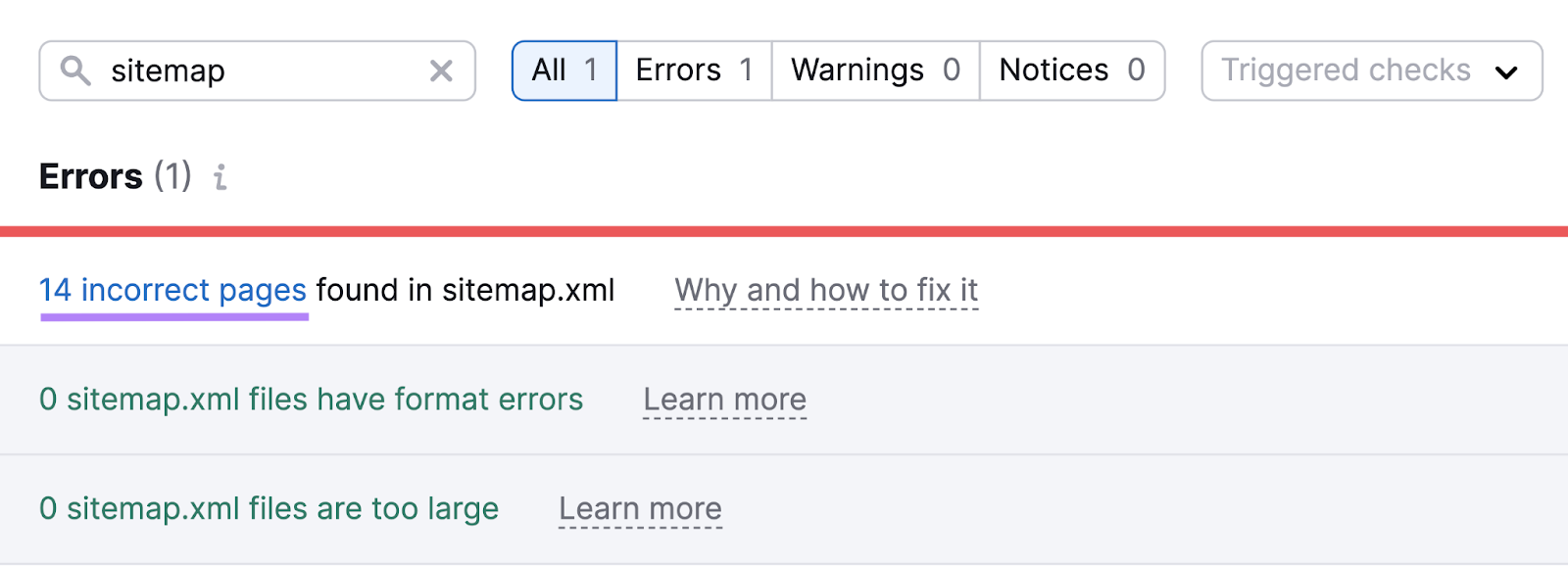 number of incorrect pages found in 站点地图。xml highlighted