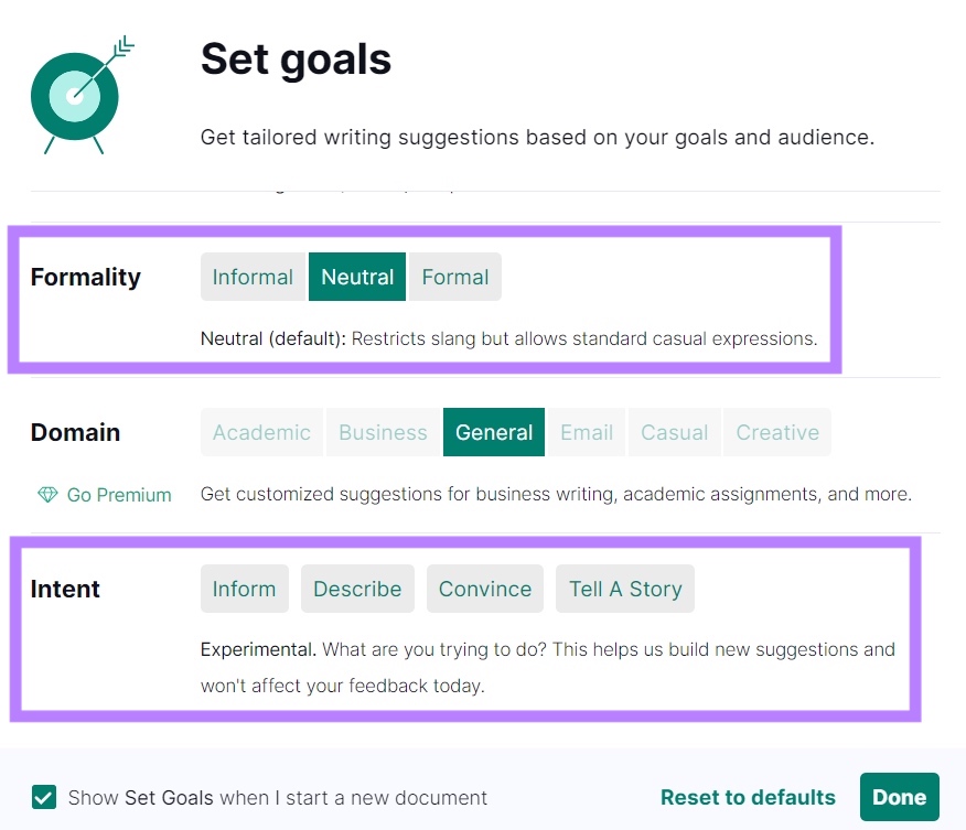 Set goals on Grammarly with the